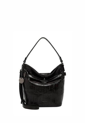 Sort croc-præget læderhåndtaske med enkelt top håndtag, sølvfarvet vedhæng og aftagelig skulderrem.