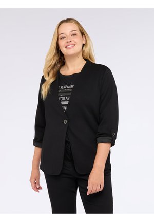 Zwarte blazer met een op maat gemaakt ontwerp, voorzien van een enkele knoopsluiting en opgerolde mouwen. Zachte stof en een licht gestructureerde vorm.