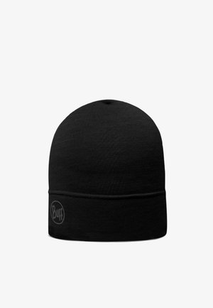 Sort strikket hue med foldet kant og subtilt cirkulært Buff-logo på opsmøgede kant, præsenteret mod en hvid baggrund.
