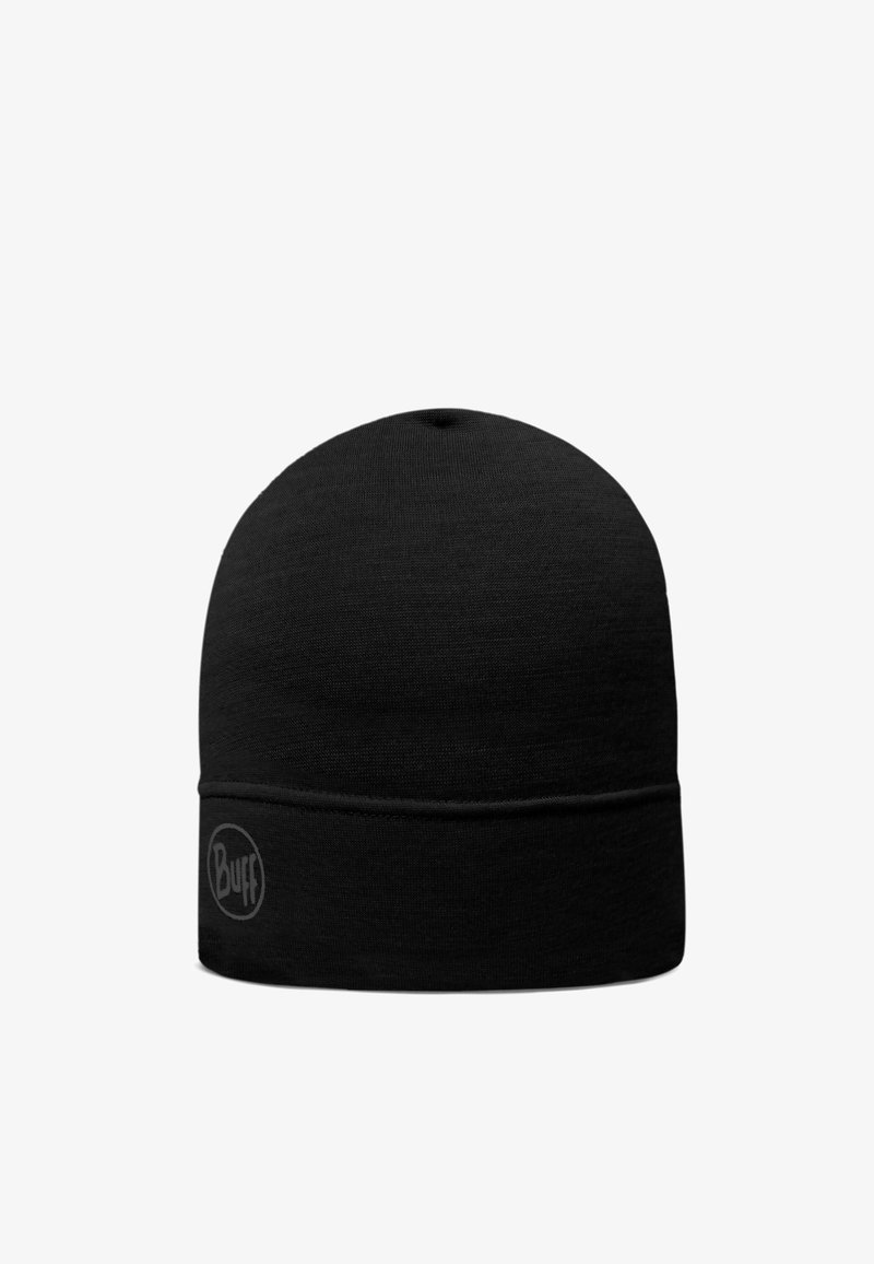Gorro de punto negro con borde doblado y sutil logotipo circular de Buff en el puño, exhibido sobre un fondo blanco.