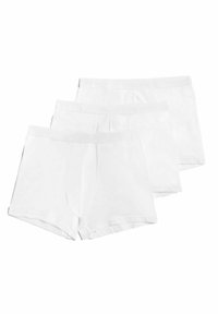 Bílé bavlněné boxerky, tři kusy, s elastickým páskem a předním otvorem. Hladká textura, vyrobeno z prodyšného materiálu, minimalistický design.