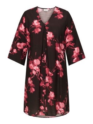 Black dress with a V-neck and 3/4 sleeves, featuring a pink floral pattern, flowing fabric, and an A-line cut with a relaxed fit.