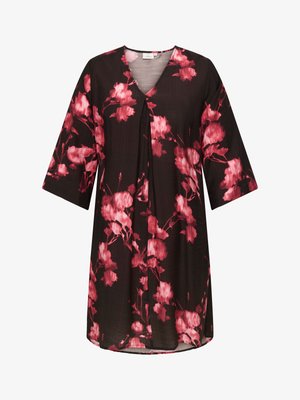 Black dress with a V-neck and 3/4 sleeves, featuring a pink floral pattern, flowing fabric, and an A-line cut with a relaxed fit.