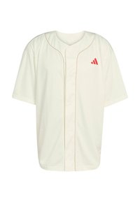 Maglietta da baseball a rete bianca con maniche corte, caratterizzata da un sottile bordo beige e un logo rosso Adidas sulla parte superiore sinistra del petto.