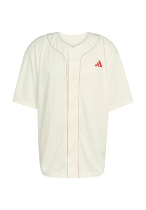 White mesh baseball jersey with short sleeves, featuring a subtle beige trim and a red Adidas logo on the upper left chest area.