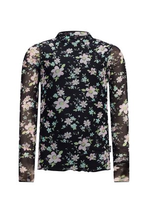 Blouse en maille noire à manches longues présentant un motif floral dans des tons de rose doux, vert et blanc. Col haut et silhouette ajustée.
