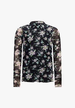 Blouse en maille noire à manches longues présentant un motif floral dans des tons de rose doux, vert et blanc. Col haut et silhouette ajustée.