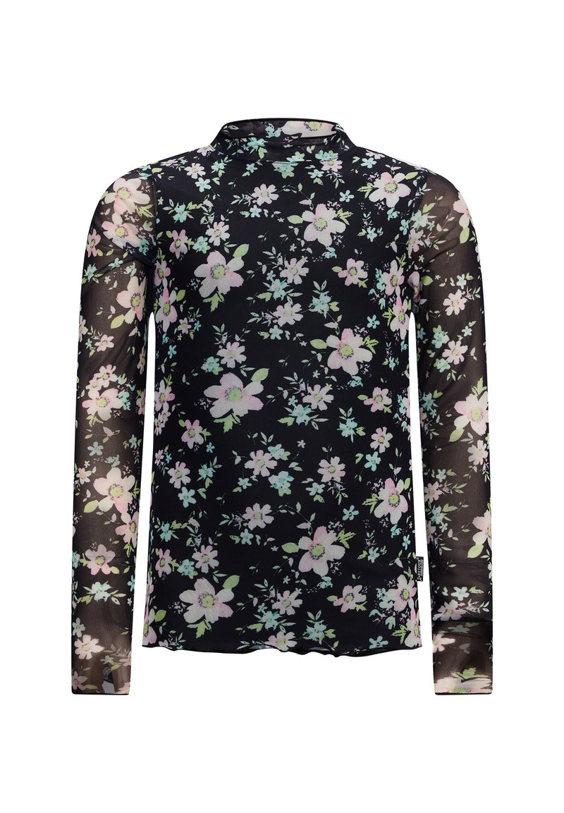 Schwarze Longsleeve-Bluse aus Netzstoff mit floralem Muster in zartem Rosa, Grün und Weiß. Hoher Halsauschnitt und figurbetonter Schnitt.