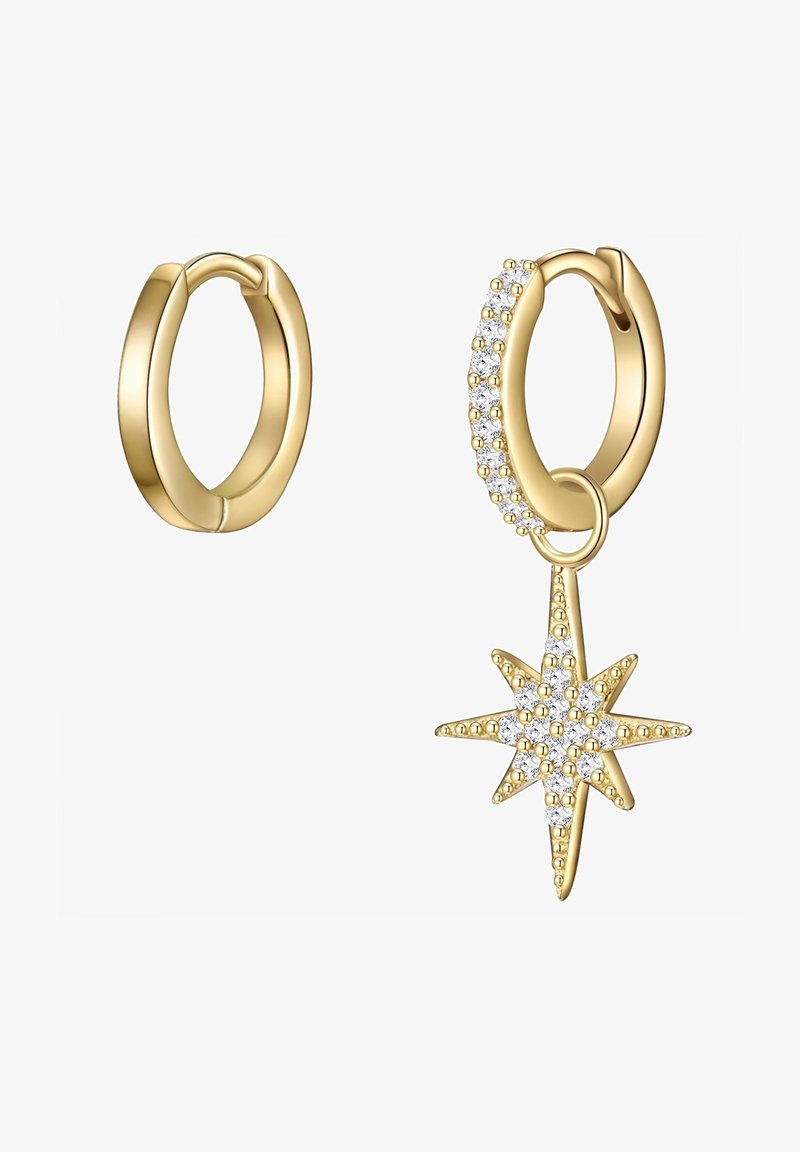 Zlatne naušnice u obliku prstena s privjeskom u obliku zvijezde ukrašenim prozirnim draguljima i glatkom završnom obradom. Jedna naušnica je jednostavna, dok je druga ukrašena.