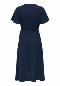 Robe midi bleu marine avec manches courtes évasées, ceinture nouée à la taille, et jupe évasée en forme de A, vue de dos.