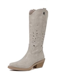 Stivali in ecopelle beige al ginocchio con motivi a foglia ritagliati, punta affusolata e tacco marrone testurizzato per maggiore sostegno e design.