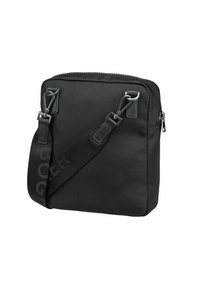 Borsa a spalla nera in nylon con tracolla regolabile, chiusura con zip e accessori in metallo. Presenta un design semplice e rettangolare con una texture piatta.