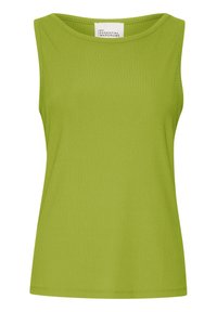 Zielony, żeberkowany, bezrękawnik z okrągłym dekoltem. Gładka faktura i dopasowany fason, z metką umieszczoną na plecach przy dekolcie.
