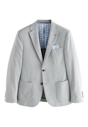 Helehall hall bleiser kahe eesmise tasku, ühe nupuga kinnituse ja geomeetrilise mustriga sinise voodriga. Kaasas sobiv taskurätik.