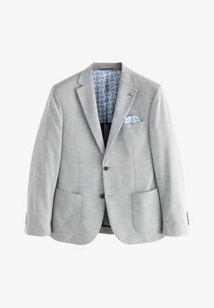 Helehall hall bleiser kahe eesmise tasku, ühe nupuga kinnituse ja geomeetrilise mustriga sinise voodriga. Kaasas sobiv taskurätik.