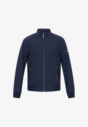 Tengerészkék könnyű bombázó dzseki álló gallérral, elülső cipzárral, két oldalzsebbel, valamint bordázott mandzsettákkal és szegéllyel. Sima textúra.