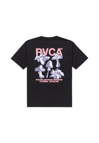 Black cotton t-shirt with a crew neck. Features a graphic print of mushrooms in light colors and text in pink on the back.