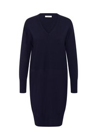 Marineblaues Strickkleid mit V-Ausschnitt, langen Ärmeln und Rippenmuster an Bündchen und Saum. Glatte Textur, knielanges Design.