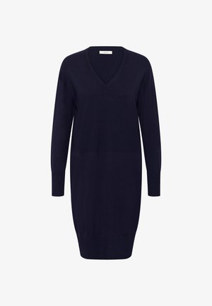 Marineblaues Strickkleid mit V-Ausschnitt, langen Ärmeln und Rippenmuster an Bündchen und Saum. Glatte Textur, knielanges Design.