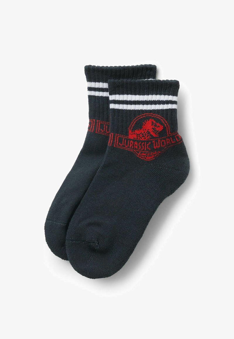 Calze nere con strisce bianche in alto, con un logo rosso di Jurassic World e una grafica di dinosauro sul bordo.