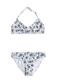 Tvådelad bikini med pastellblommönster i rosa, blått, grönt och svart på en vit bakgrund; halterneck-top och matchande underdel.