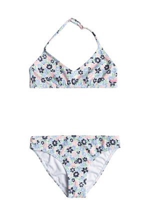 Tvådelad bikini med pastellblommönster i rosa, blått, grönt och svart på en vit bakgrund; halterneck-top och matchande underdel.