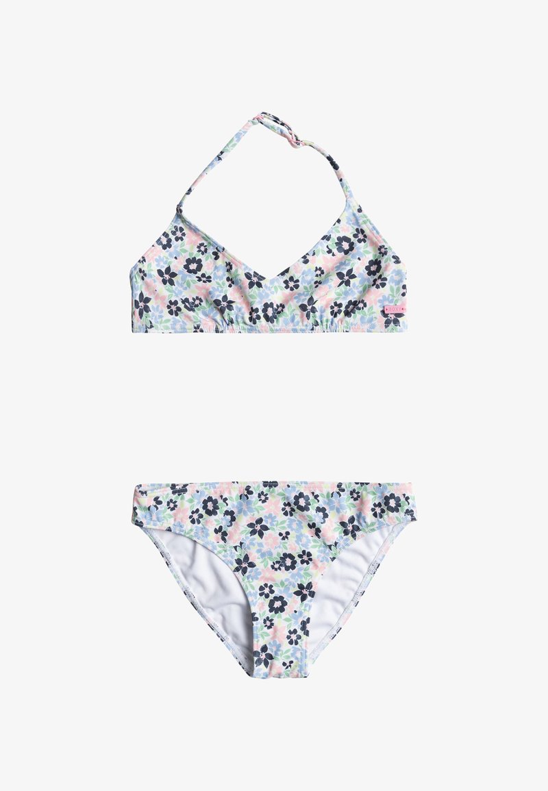 Bikini deux pièces avec un motif floral pastel dans des tons de rose, bleu, vert et noir sur fond blanc ; haut à col halter et bas assorti.