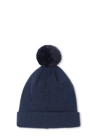 Beanie lavorato a maglia blu navy con texture a coste, dotato di un morbido pompon in pelliccia sintetica sulla parte superiore e di un risvolto alla base.