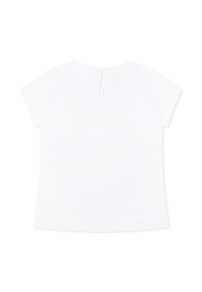 Top bianco a maniche corte con scollo rotondo e dettaglio a forma di chiave sul retro. Realizzato in tessuto morbido, con una texture liscia.