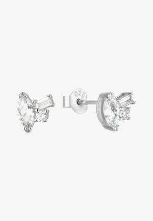 Boucles d'oreilles clous en argent sterling avec trois pierres précieuses claires chacune : taille marquise, taille baguette et taille ronde, sécurisées par des fermoirs à poussette.