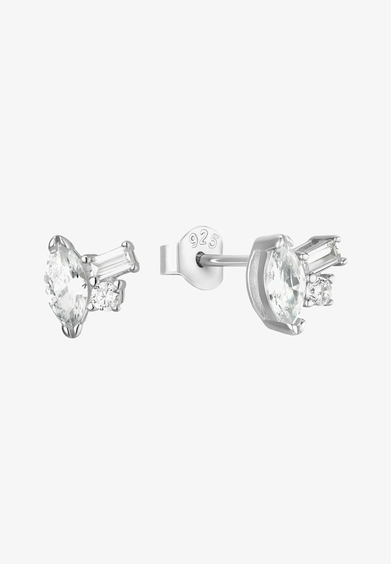 Boucles d'oreilles clous en argent sterling avec trois pierres précieuses claires chacune : taille marquise, taille baguette et taille ronde, sécurisées par des fermoirs à poussette.