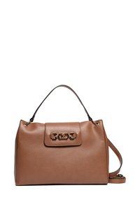 Borsa a tracolla in pelle marrone con design strutturato, caratterizzata da una chiusura in metallo dorato, manico superiore e tracolla rimovibile.