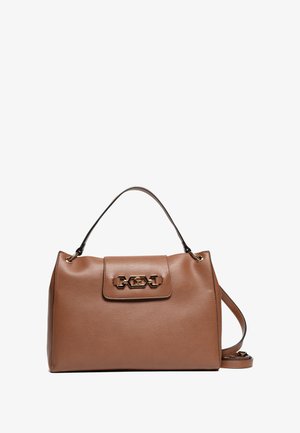 Borsa a tracolla in pelle marrone con design strutturato, caratterizzata da una chiusura in metallo dorato, manico superiore e tracolla rimovibile.