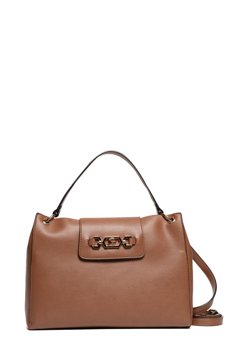 Borsa a tracolla in pelle marrone con design strutturato, caratterizzata da una chiusura in metallo dorato, manico superiore e tracolla rimovibile.