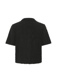 Črna teksturirana majica s kratkimi rokavi in ovratnikom. Ima rahlo ohlapen kroj in neraven rob na dnu. Prikazan je pogled od zadaj.