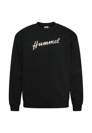 Zwarte longsleeve sweatshirt met geribbelde manchetten en zoom, met de merknaam "Hummel" in wit schrift over de borst.