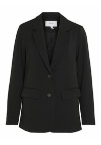 Blazer nero, design sartoriale, monopetto con due tasche frontali, rever a punta, tessuto opaco, due bottoni e dettagli di cucitura discreti.
