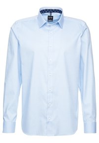 Lichtblauw overhemd met lange mouwen in een gestructureerde stof, met een button-down kraag en een gestreepte marineblauwe binnenvoering. Voorzien van knopen aan de voorkant.