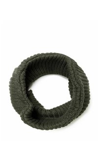 Olive green knitted infinity scarf with a ribbed texture, featuring a continuous loop design and soft, thick yarn.