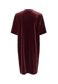 Rochie din catifea burgundy, cu o croială lejeră, mâneci scurte, decolteu rotund și un design până la genunchi. Textură netedă și siluetă simplă.