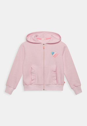 Hellrosa Zip-up-Hoodie aus weichem Stoff, mit einem Herz-Patch mit mehrfarbigen Akzenten und gerafften Vorderseitentaschen.