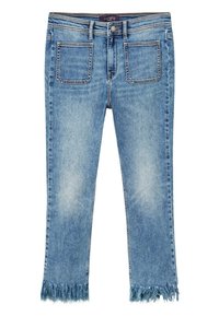 Jeans in denim blu con orlo frangiato, cinque tasche e un design aderente. Il tessuto presenta un effetto lavato con una consistenza morbida.