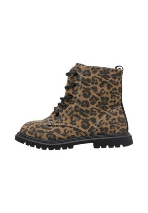 Bota de combate marrón con cordones, con estampado de leopardo negro y suela gruesa de goma negra, vista desde un lado.