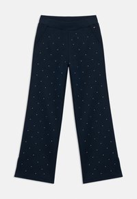 Navy blue wide-leg pants made of soft fabric, featuring scattered rhinestone accents and two side pockets for added detail.