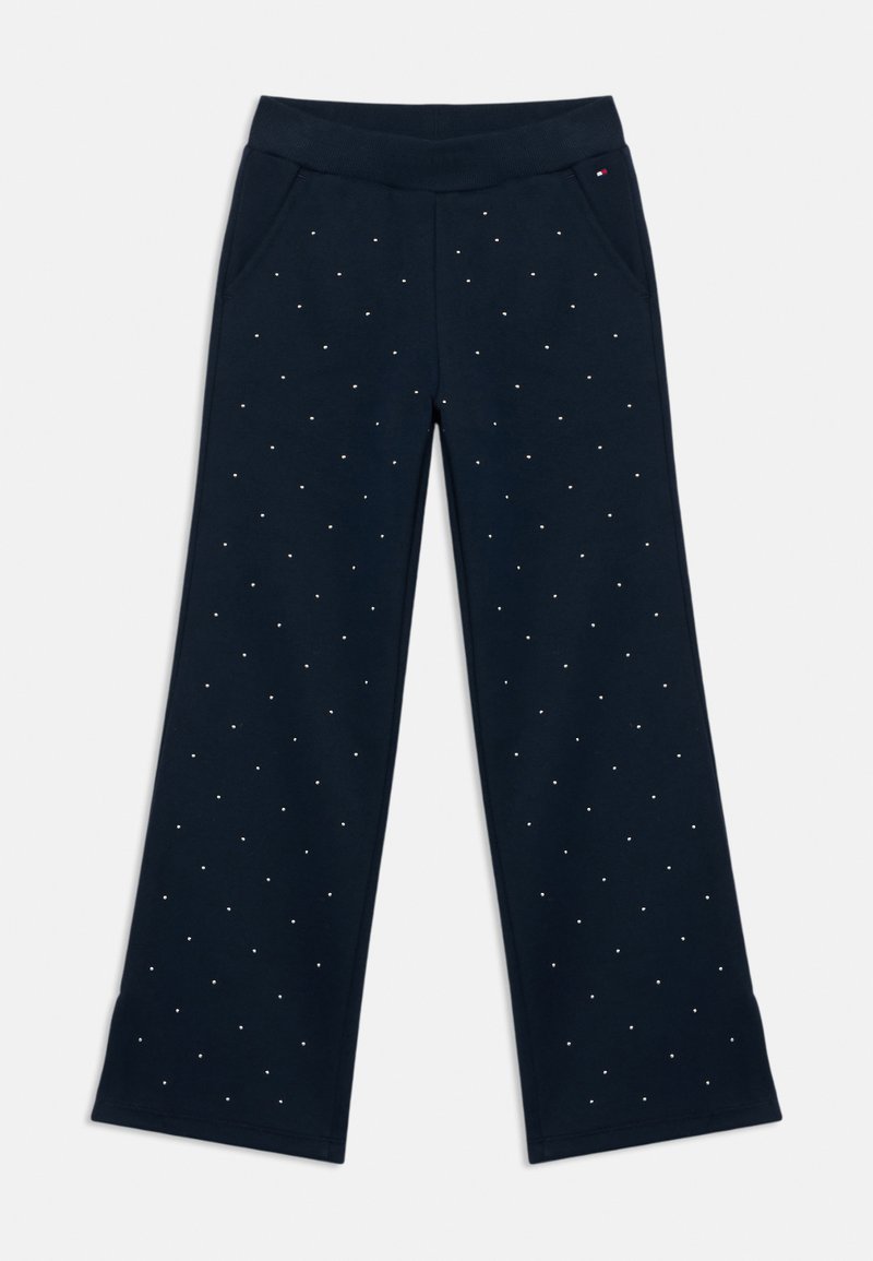 Navy blue wide-leg pants made of soft fabric, featuring scattered rhinestone accents and two side pockets for added detail.