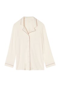 Crème-kleurige lange mouw pyjama shirt met een notch-kraag, voorzien van contrasterende donkerrode piping en een knoopsluiting aan de voorkant.