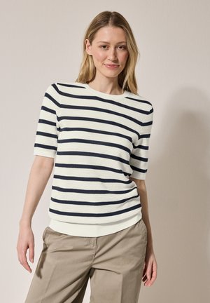 Gestreiftes Strickoberteil mit rundem Ausschnitt, kurzen Ärmeln und strukturiertem Stoff. Die Farben umfassen Marineblau und Creme. Taillierte Passform.