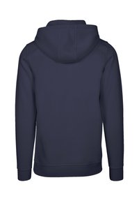 Navy hooded sweatshirt with a smooth texture, long sleeves, and a kangaroo pocket. Features ribbed cuffs and hem. Back view.