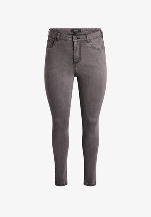 Jean slim gris avec bouton et fermeture éclair à l'avant, passants de ceinture, et poches avant et arrière, présenté à plat sur un fond blanc.