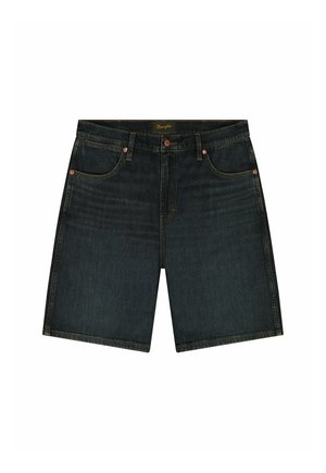 Donkerblauwe denim shorts met voorzakken, riemlussen, knoopsluiting en contrasterende stiksels.
